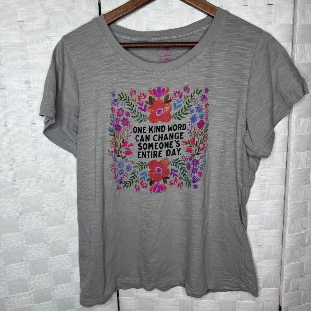 Natural Life One Kind Word Floral Graphic T-Shirt Grey Slub Cotton Womens XL